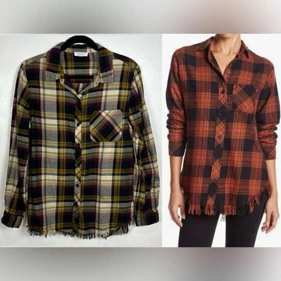 Beachlunchlounge Plaid Frayed Hem Long Sleeve Button Down Shirt Size M - Picture 1 of 9